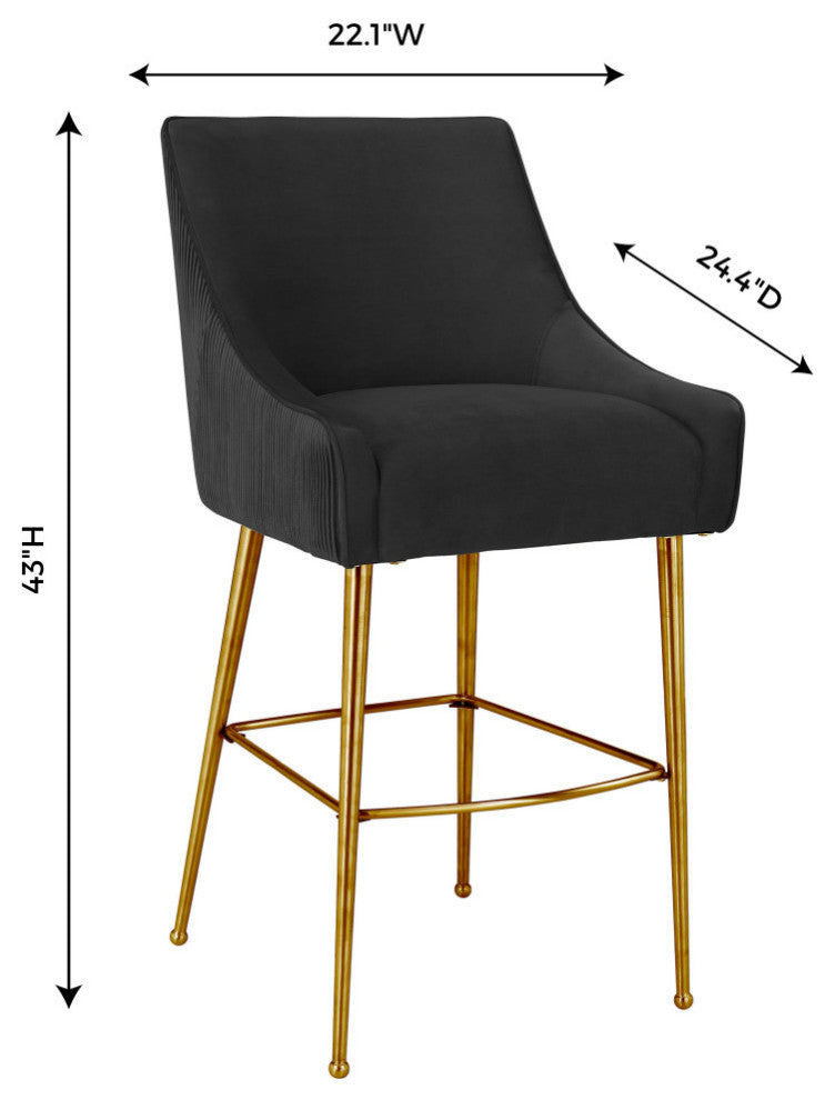 Beatrix Pleated Black Velvet Bar Stool - Black