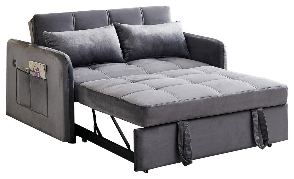 TATEUS 55.5" Twins Pull Out Sofa Bed Velvet for Small Room Grey