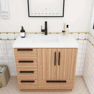 Carla 36" Freestanding Bathroom Vanity With Left Side Drawers, White Oak