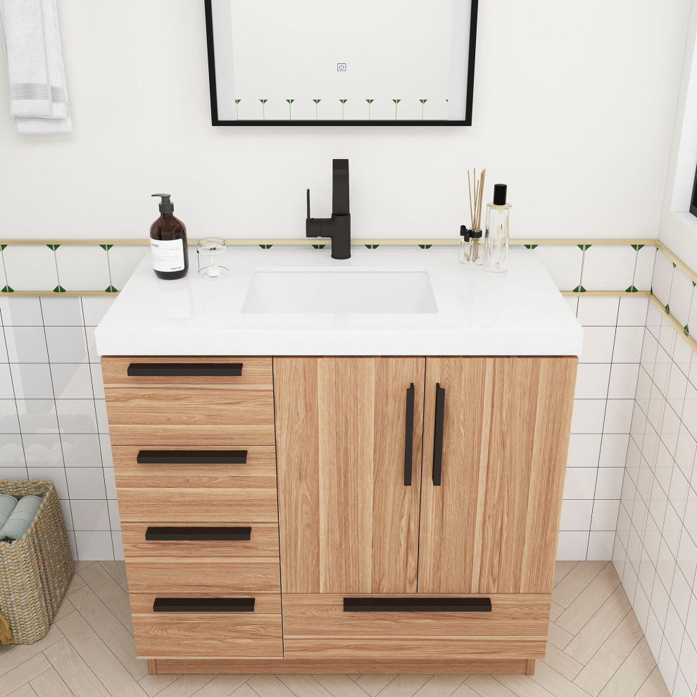 Carla 36" Freestanding Bathroom Vanity With Left Side Drawers, White Oak