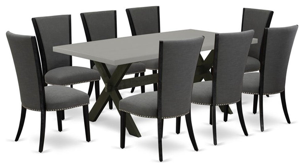 9-Piece Set, Table and 8 Chairs With Dark Gotham Gray, Linen Fabric and Cement