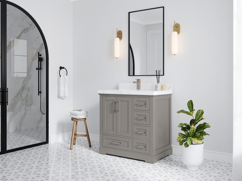 Boston 36 Left Offset Bath Vanity in Elephant Skin Gray 2" Carrara Marble