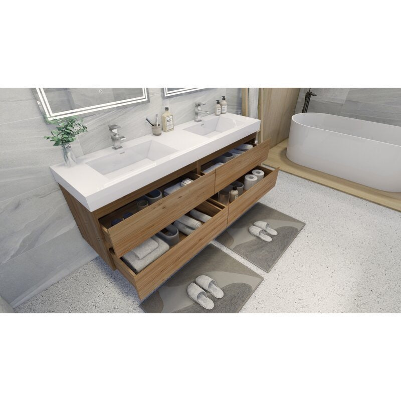 84" Double Sink Wall Mount Vanity, Acrylic Sink, Natural Oak