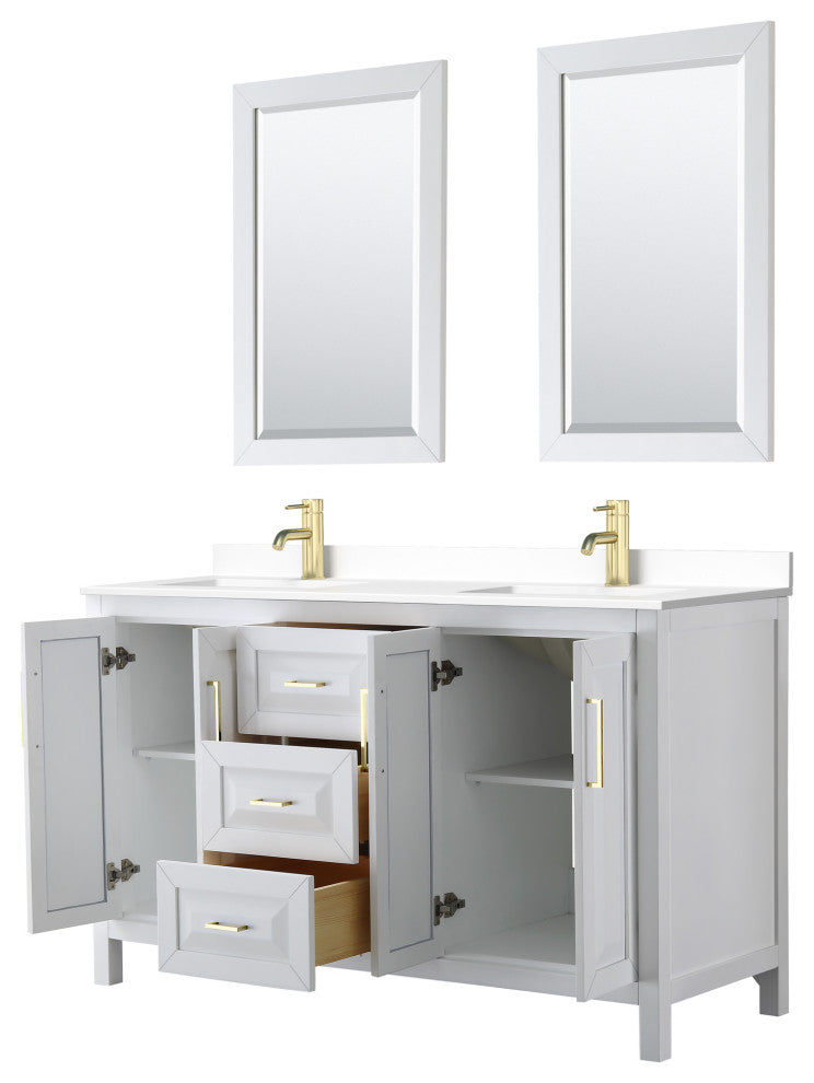 60"DBL Vanity White, White Cult. Marble Countertop, Sinks, 24"Mirrors, Gold Trim