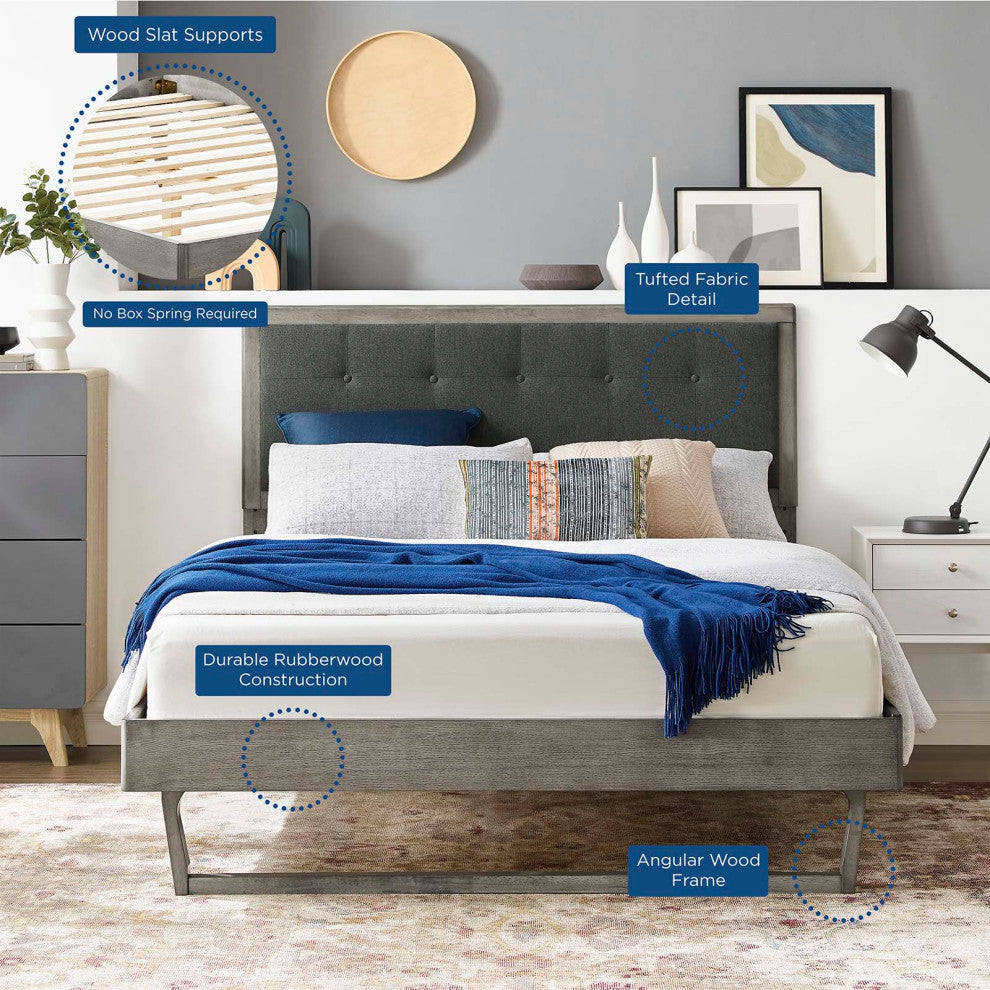 Platform Bed Frame, Queen Size, Fabric, Wood, Gray, Modern Mid-Century