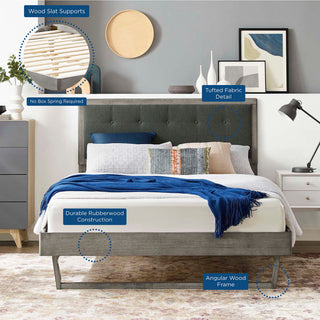 Platform Bed Frame, Queen Size, Fabric, Wood, Gray, Modern Mid-Century