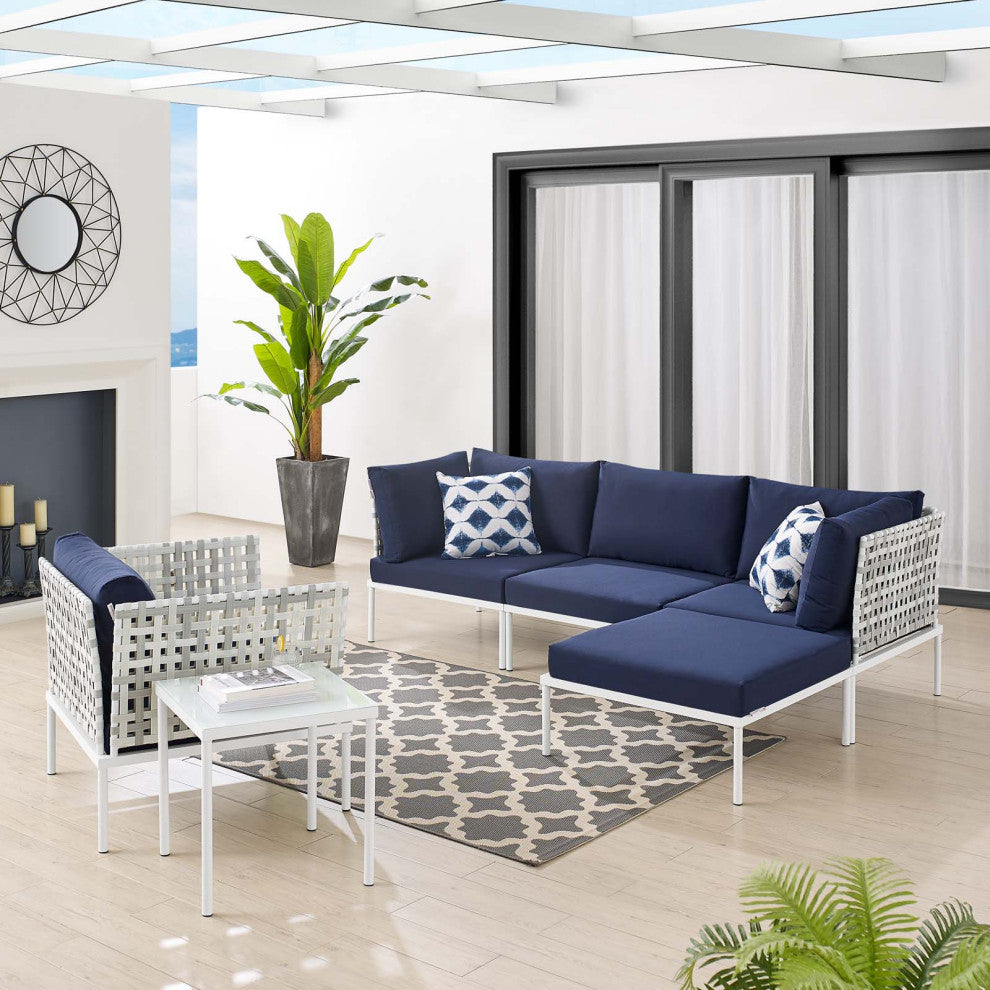 Lounge Sectional Sofa Chair Table Set, Sunbrella, Aluminum, Blue Navy, Outdoor