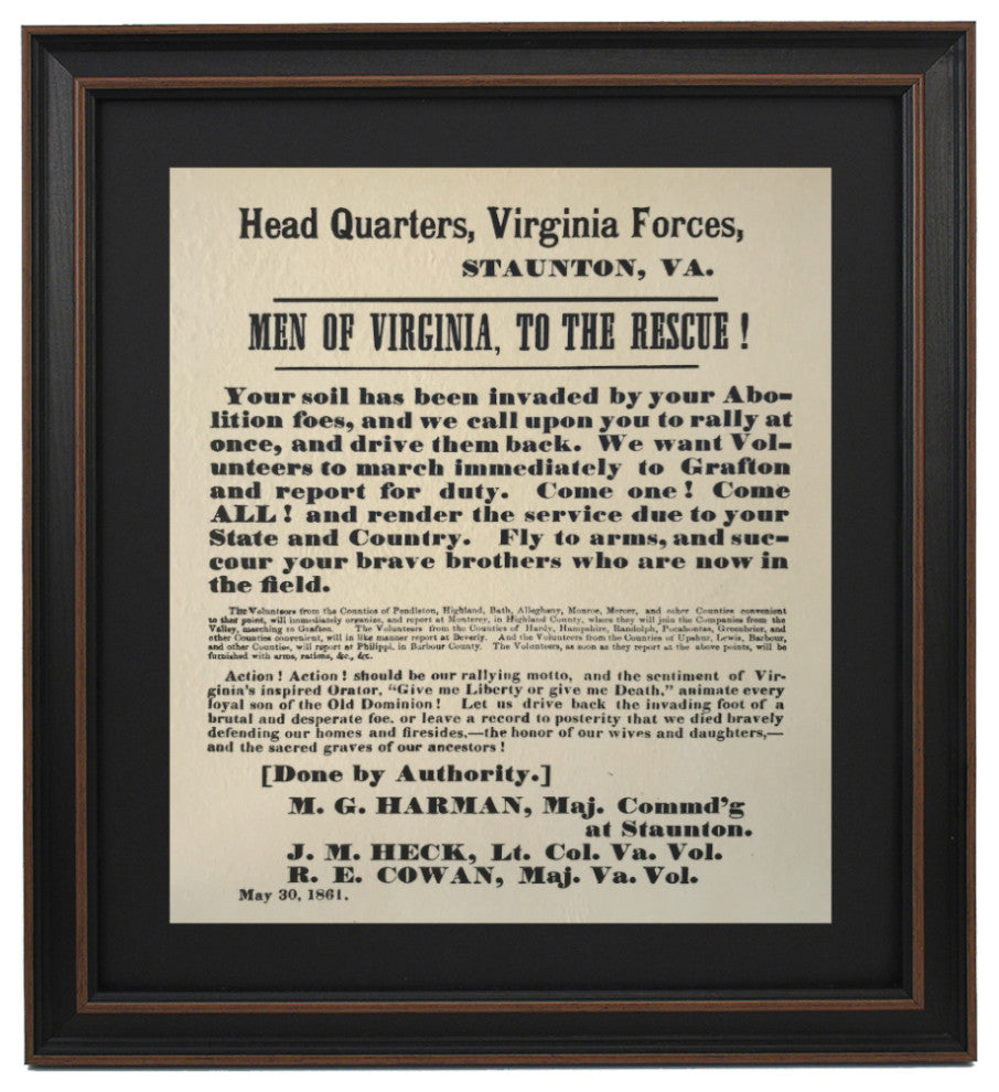 Framed Men of Virginia, to the Rescue Civil War Broadside 1861