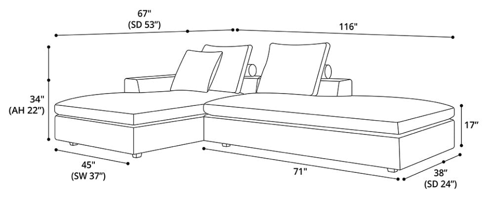 Lucerne Modular Chaise, Ashen Fabric, Ashen Fabric, Set11b-2pc