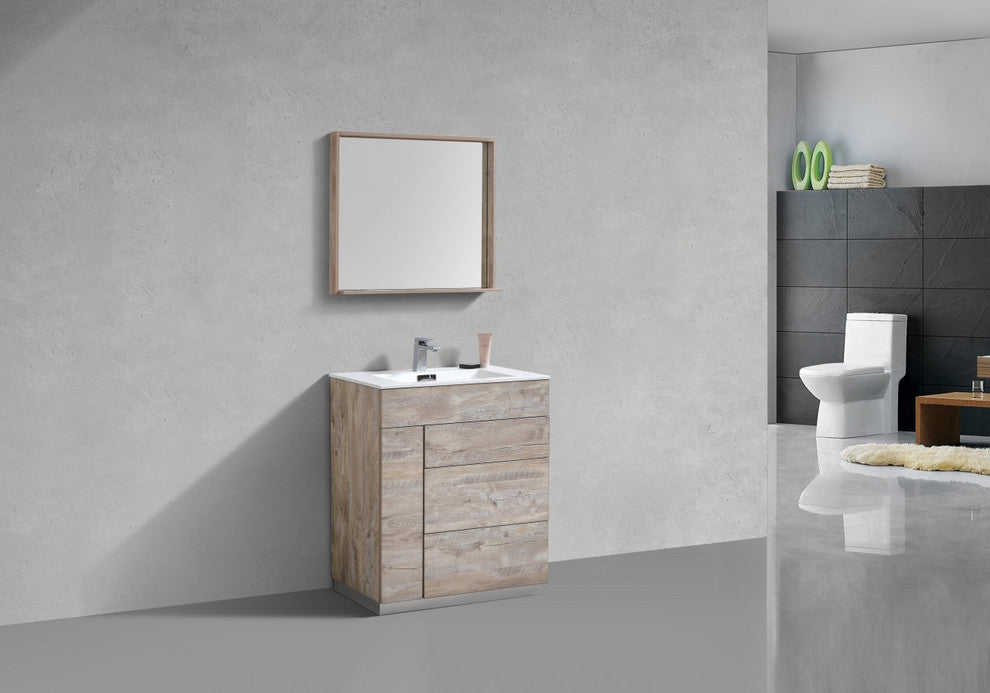 Milano 30" High Glossy Bathroom Vanity, High Gloss White, Nature Wood