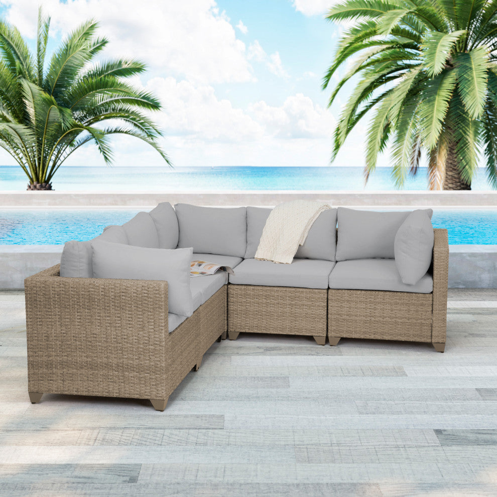 Maui 5-piece Outdoor Modular Conversation Set, 3 Corner Sofa Seats, Stone