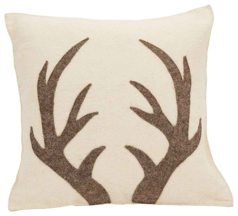 Hand Felted Wool Pillow, Gray Antlers on Cream, 20"