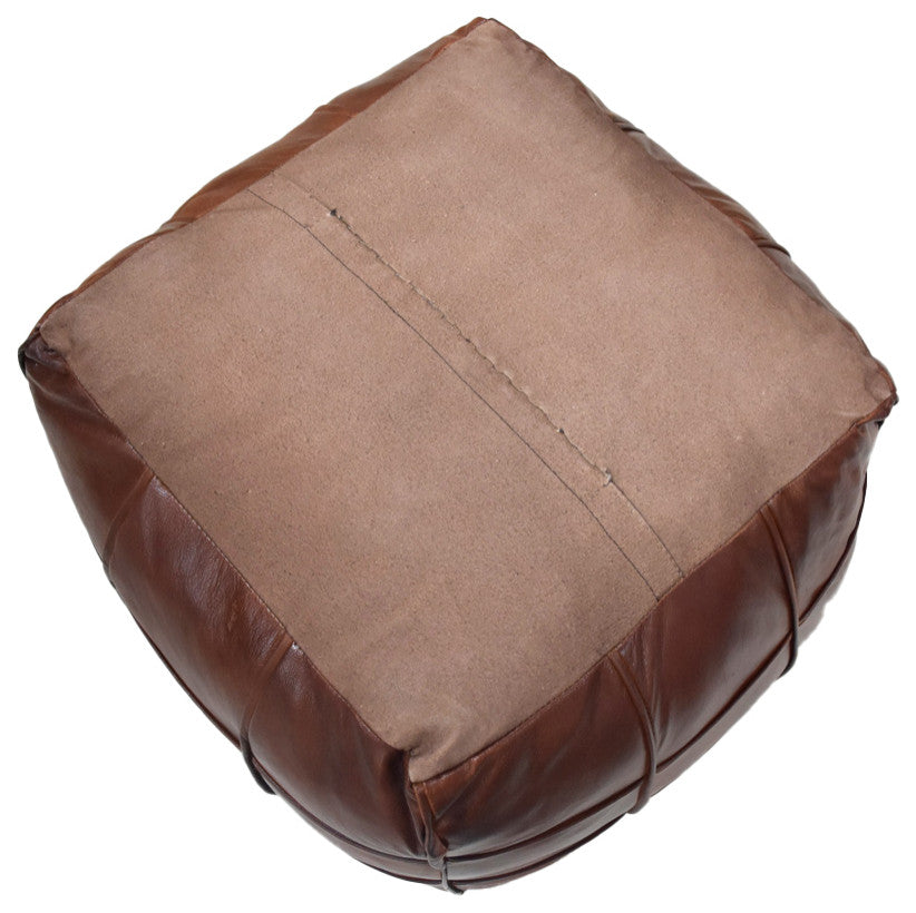 Pouf-Solid Handmade Leather Pouf (Recycled Foam with Fiber Fill), Brown, Square, 16x16x16