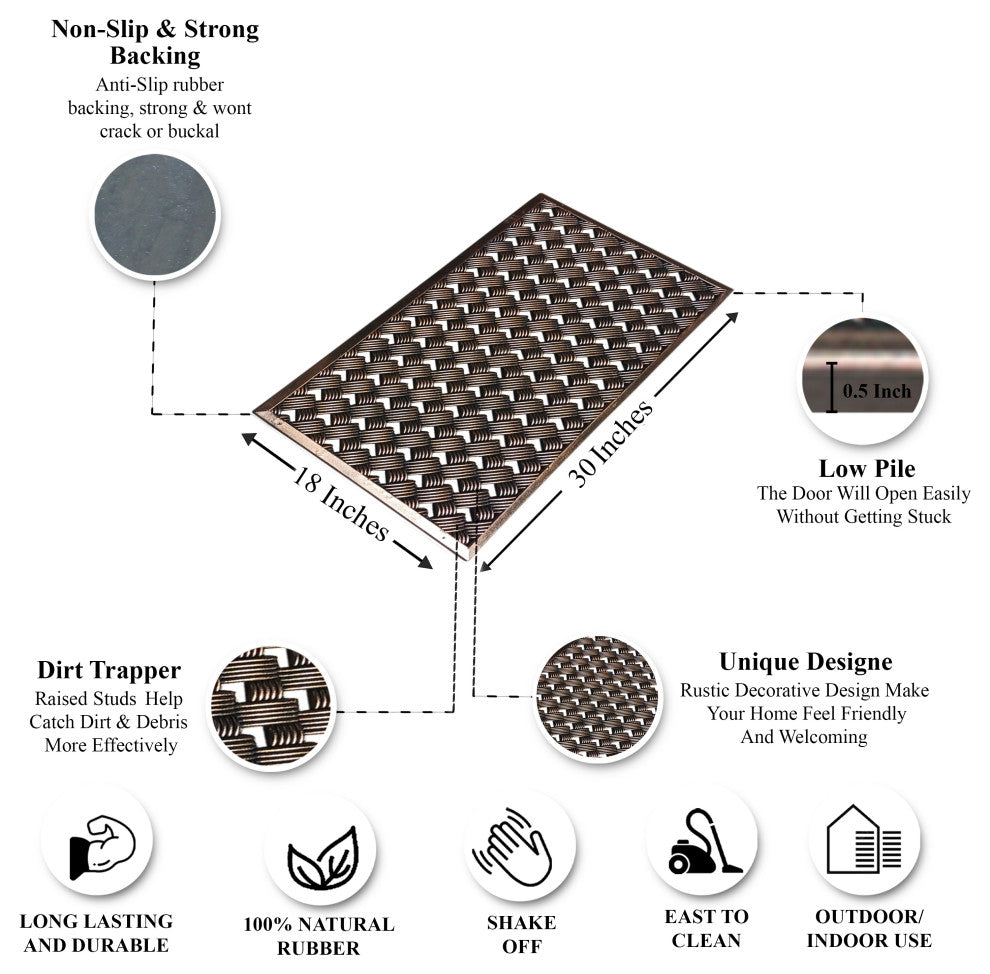 Outdoor Mat, Natural Rubber, 18"x30" Heavy Duty Doormat, Copper Checkered