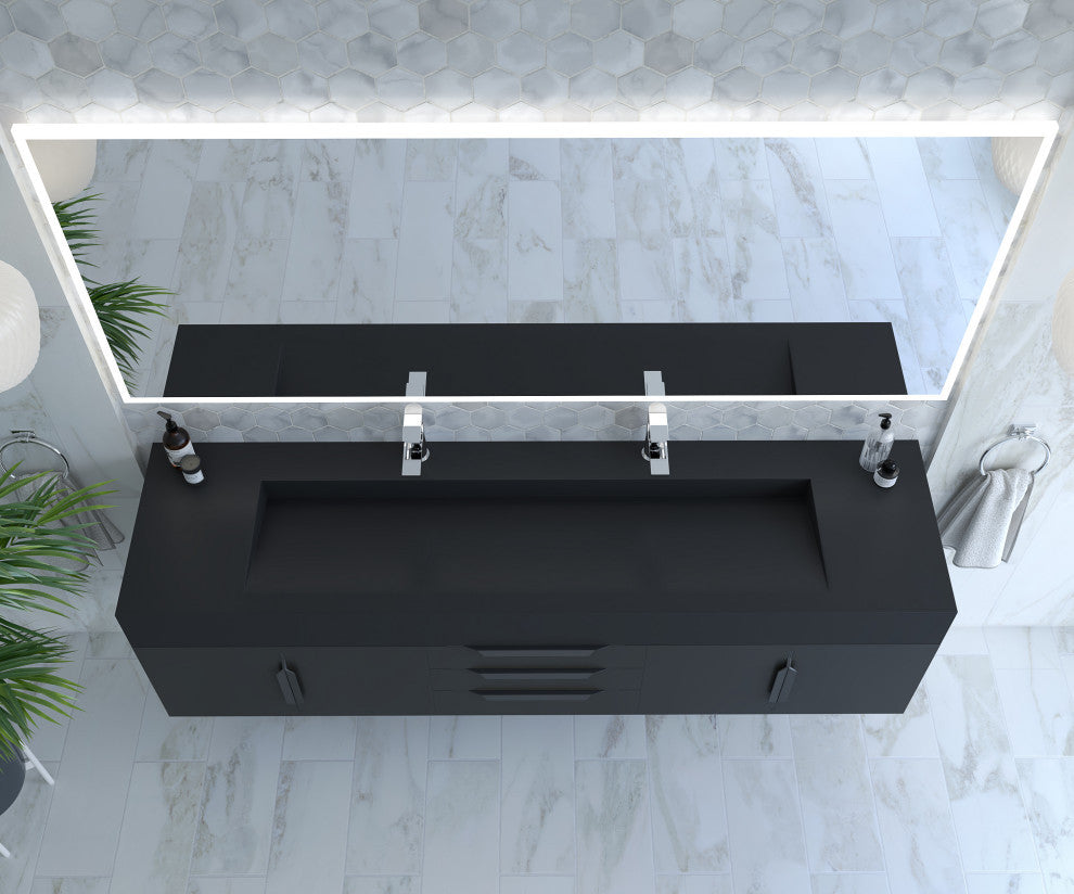 CastelloUSA Nile 72" Wall Mounted Vanity Set, Black, Black Top, Black Handles