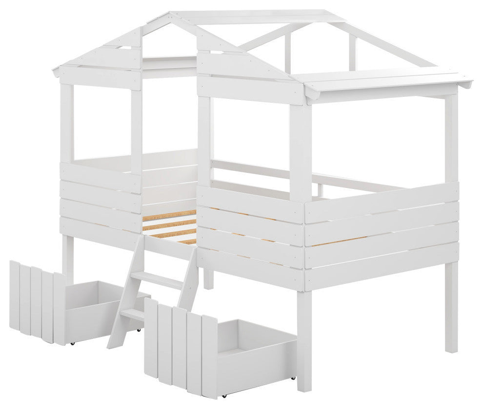 Twin Size Loft Bed With Two Drawers Windows And Roof Design White
