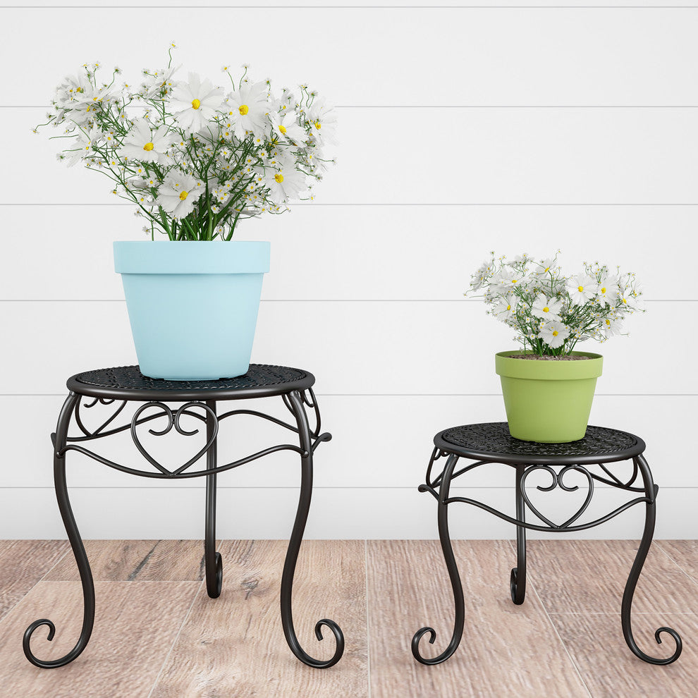 Pure Garden Set of 2 Nesting Metal Round Plant Stands, Black