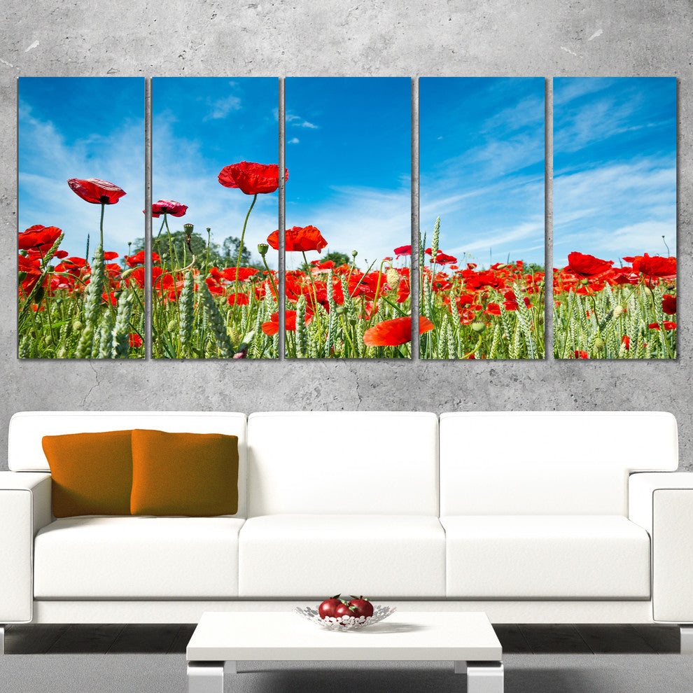 Red Poppy Garden under Clear Sky, Floral Canvas Art Print, 60"x28", 5 Panels