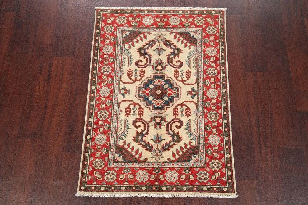 Pakistani Kazak Traditional Oriental Area Rug Hand-Knotted, Beige, 3'8"X2'8"