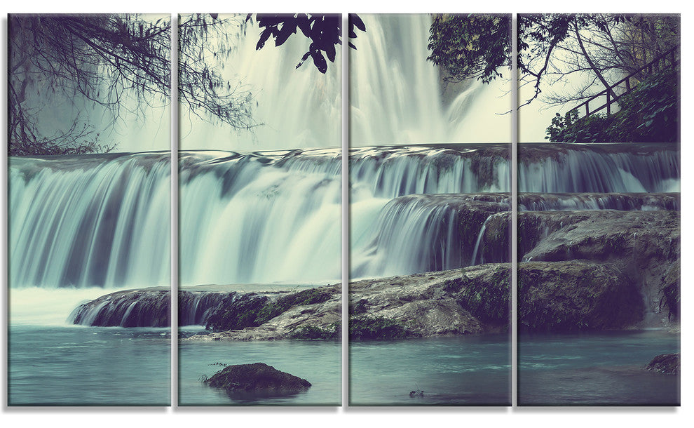 Amazing Waterfall in Mexico, Landscape Canvas Art Print, 48"x28", 4 Panels