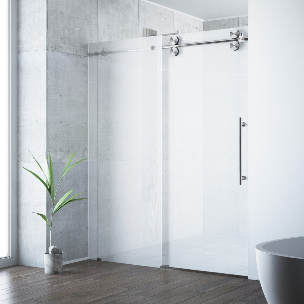 VIGO Elan 56" to 60" W x 74" H Frameless Sliding Shower Door, Stainless Steel, Right, Frosted Glass