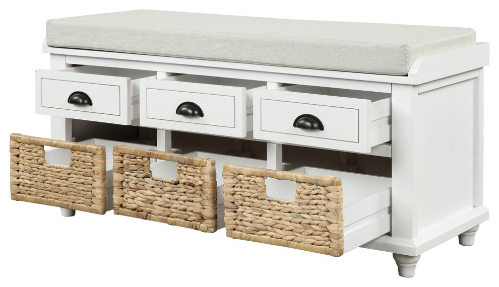 TATEUS 42" Rustic Storage Bench With 3 Drawers and 3 Rattan Baskets, White
