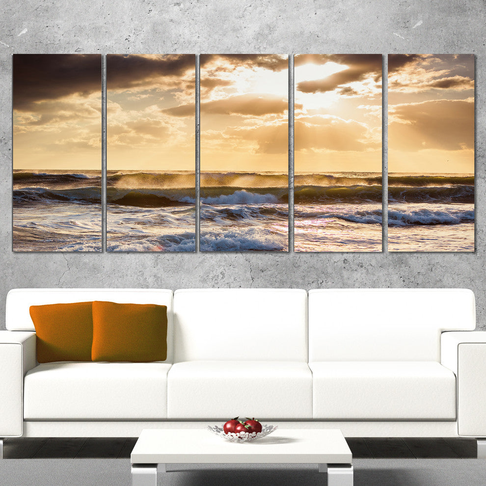 "Sunrise and Roaring Blue Sea Waves" Beach Canvas Wall Art, 5 Panels, 60"x28"