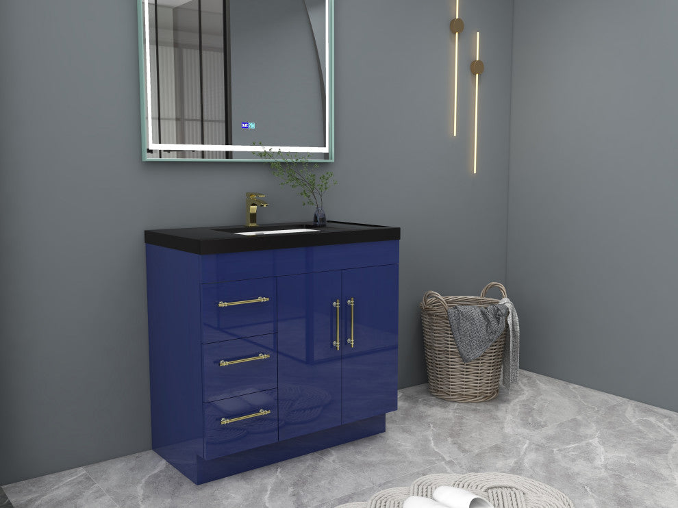 Rosa 36" Free Standing Modern Vanity, High Gloss Night Blue, Matt Black Top