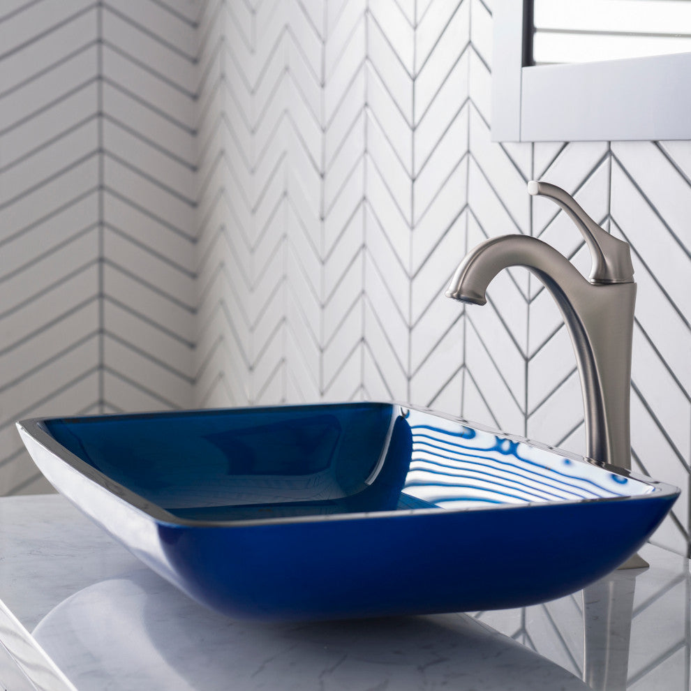 Glass Vessel Sink, Bathroom Arlo Faucet, PU Drain, Mounting Ring, Spot Free Stainless Steel