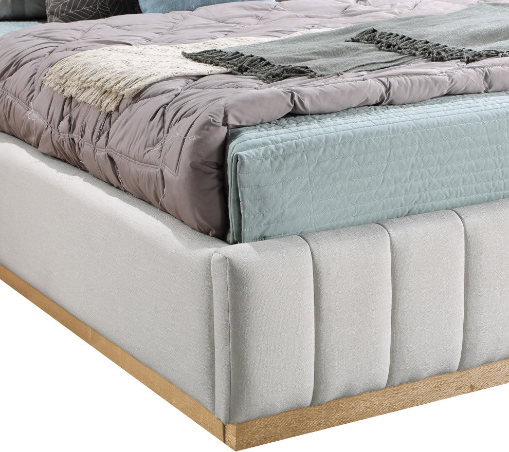Lucia Beige Linen Textured Fabric Full Bed, Cream, Queen, Natural Finish