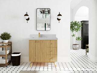 Pasadena 36 Left Offset  Bath Vanity in Light Natural Teak 2" Carrara Quartz