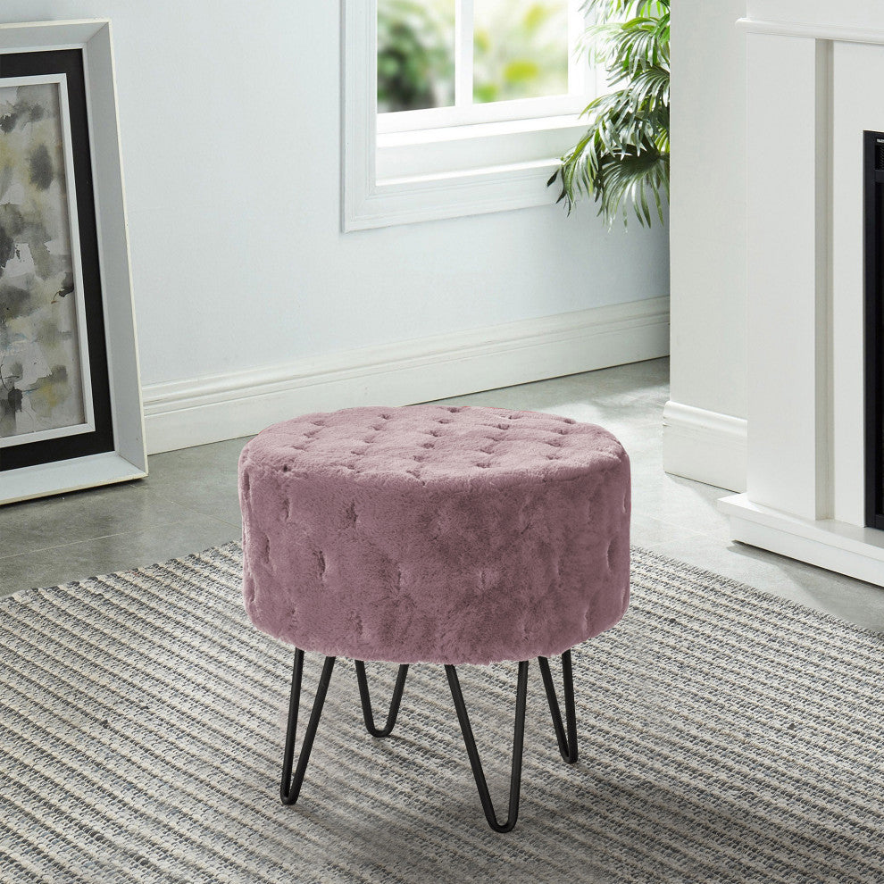 Jacquard Solid Faux Fur Round Ottoman, 18" x 18" x 18", Dusty Blush
