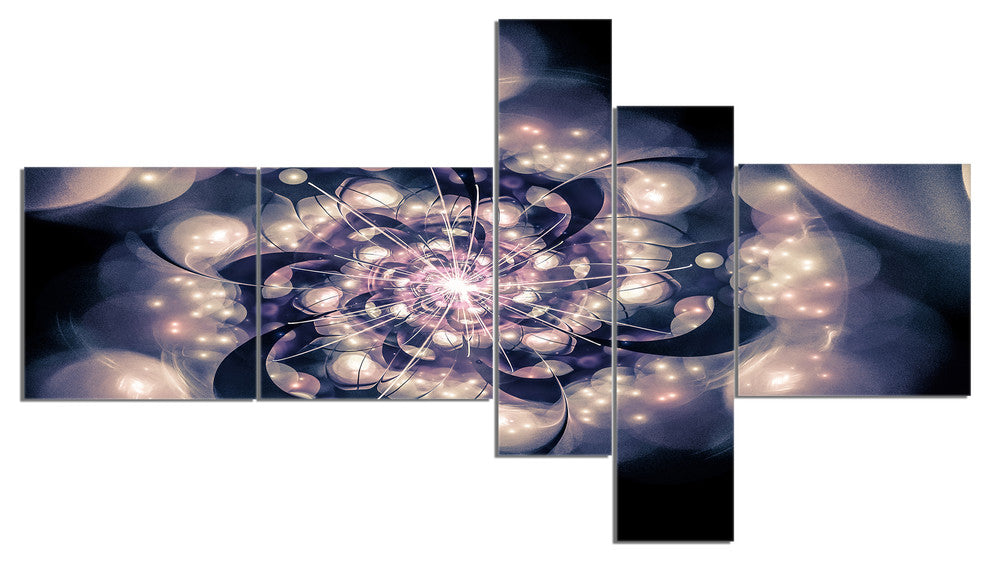 Black White Fractal Flower in Dark, Floral Canvas Art print, 60"x32", 5 panels