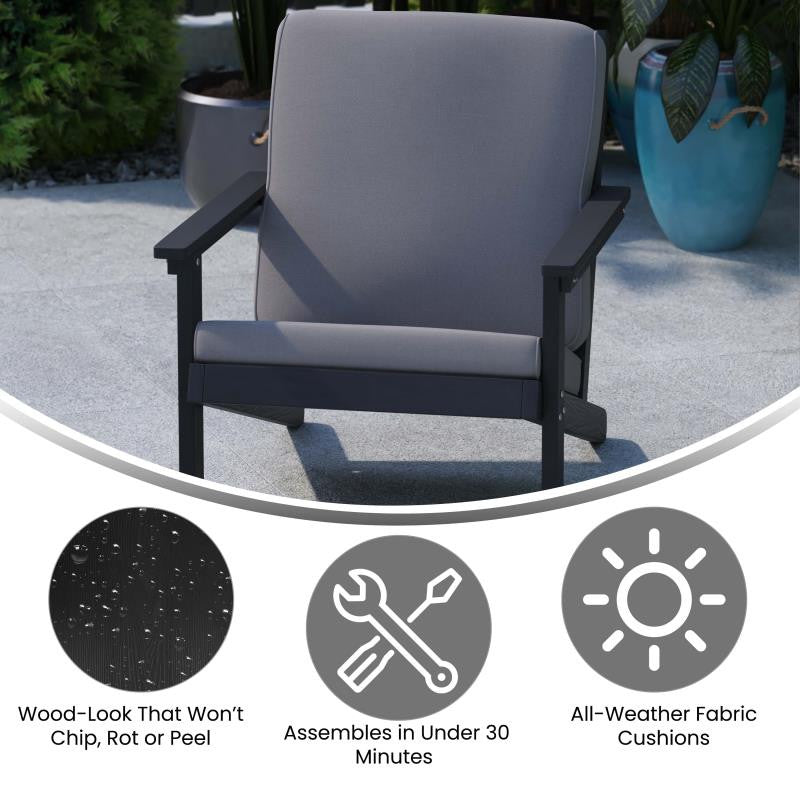 Charlestown All-Weather Poly Resin Wood Adirondack Club Chair with Cushions, Bla