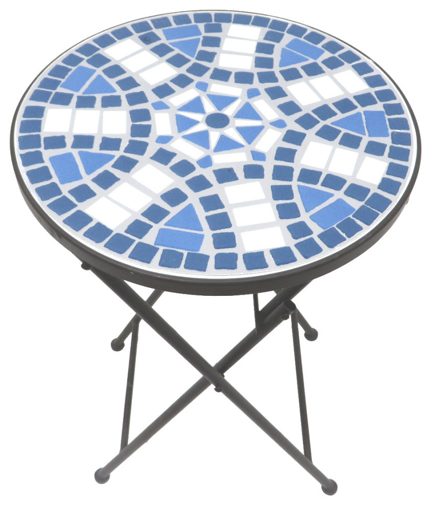 Mosaic Art Collection Accent Table with Foldable Legs, Blue Daisy, 2 Tables Set