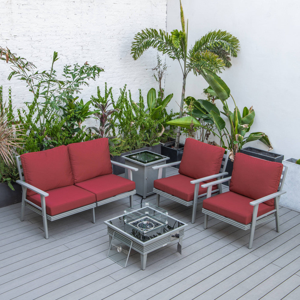 LeisureMod Walbrooke Gray Patio Conversation Set With Fire Pit, Red