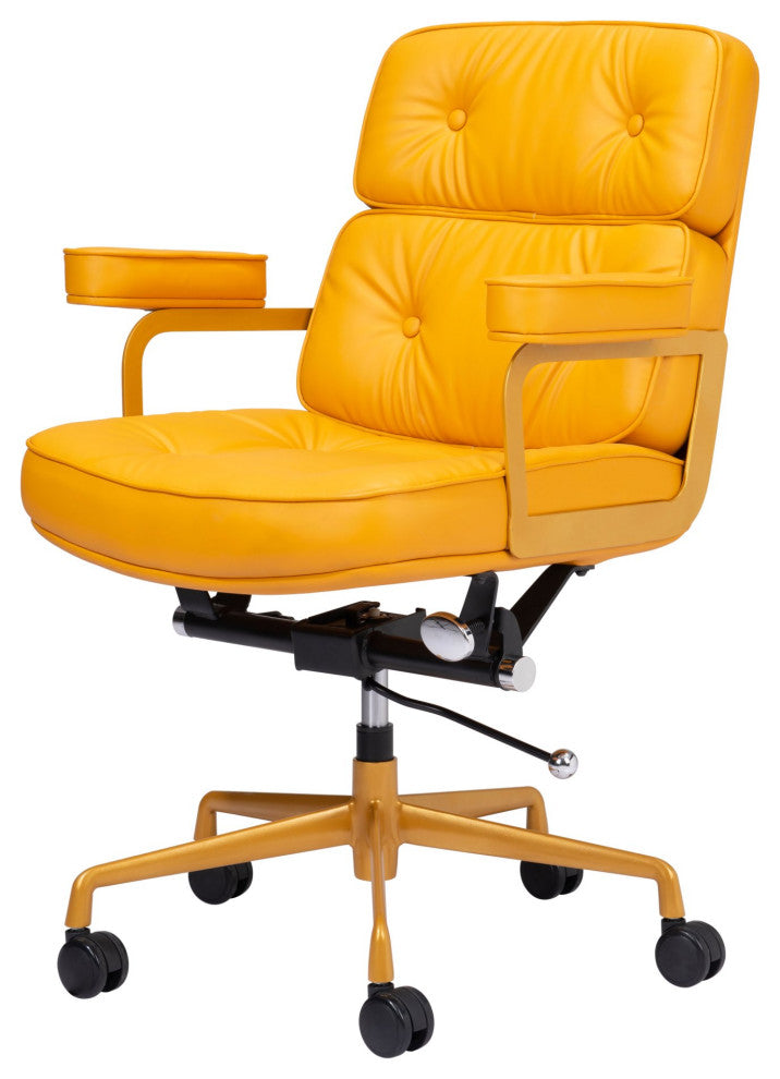 Computer Chair, Faux Vinyl Leather, Steel, Yellow, Mid Century Business Office