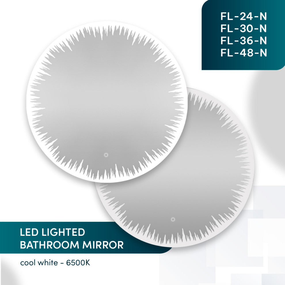 36" Flame, LED Lighted Round Mirror With Dimmer, Defogger, Touch Control.