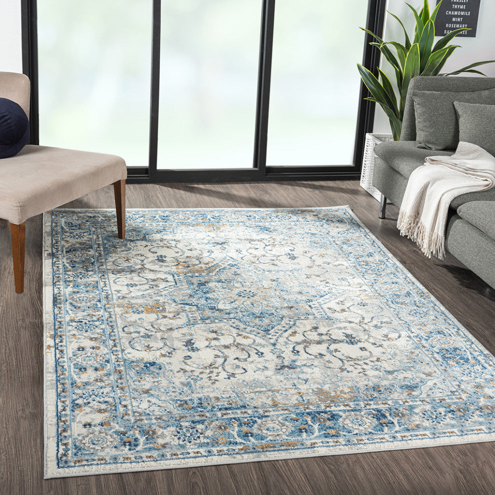 Frances Medallion Woven Area Rug/Runner, Blue, Blue, 5' x 7'