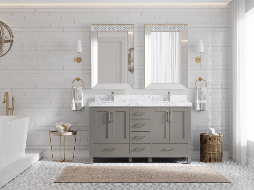 Malibu 60 Double Sink Vanity in Elephant Skin Gray 2" Calacatta Poanazzo