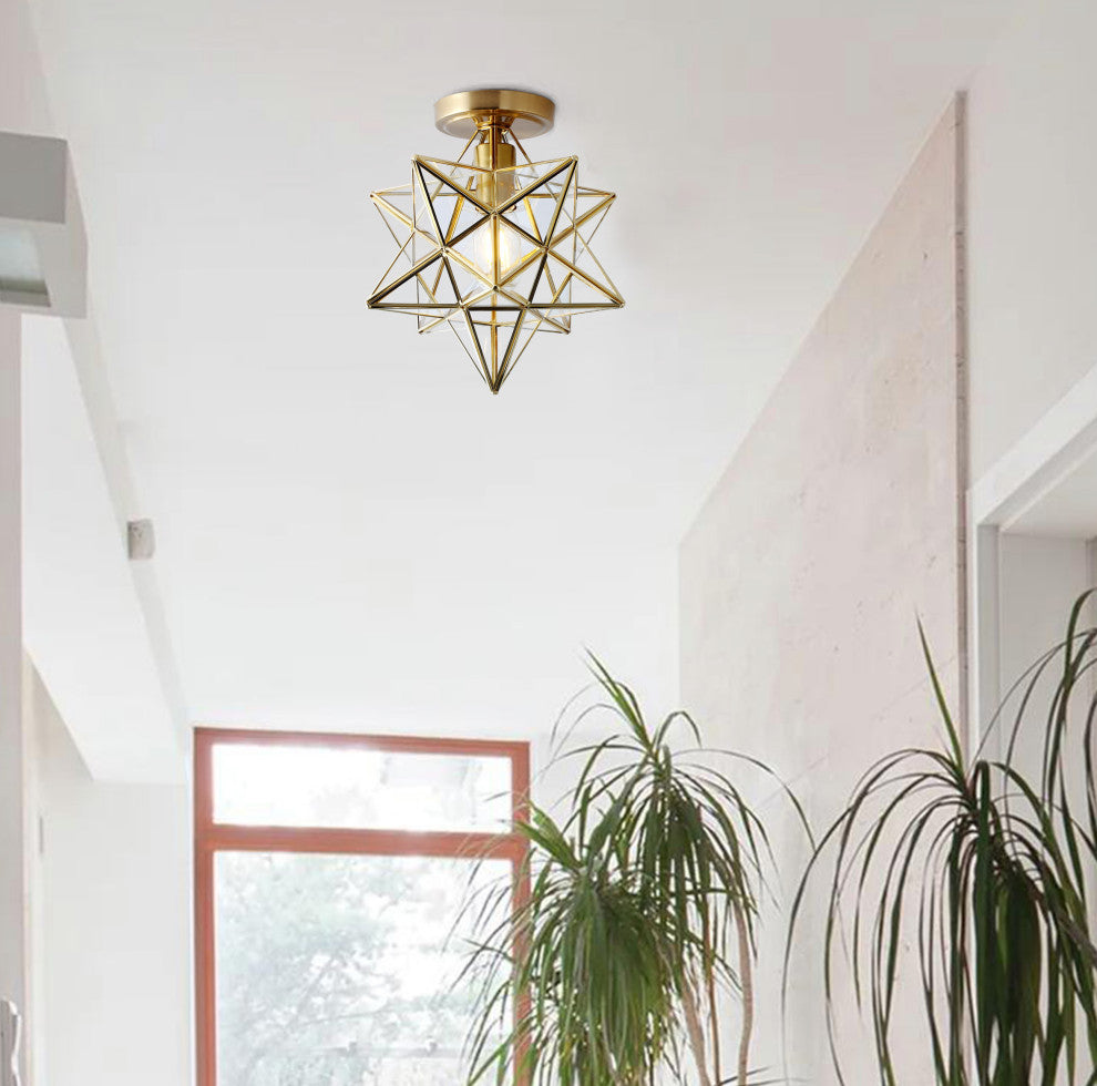 Gold 1-Light Moravian Star Ceiling Light Modern Geometric Semi Flush Mount Light