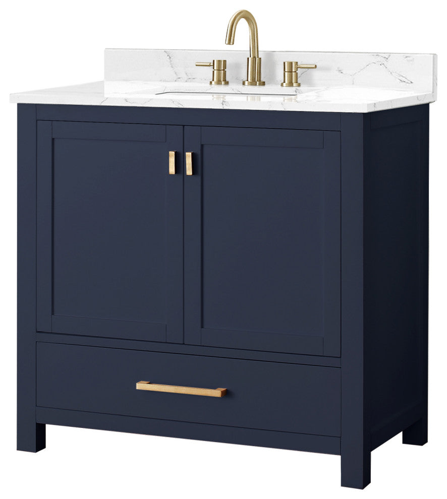 Avanity Modero Bath Vanity, Navy Blue, 37", Single Sink, Cala White Engineered S