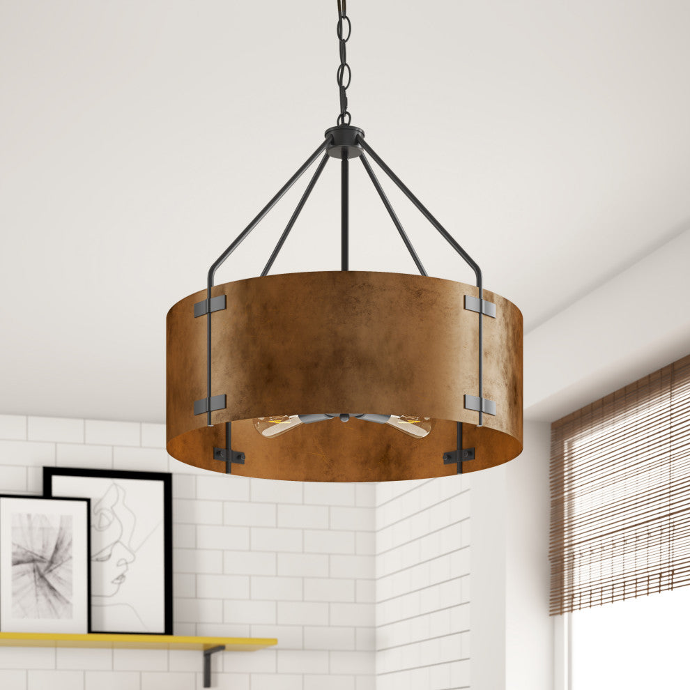 Matte Black 4-Light Metal Pendant Light With Brown Drum Shade