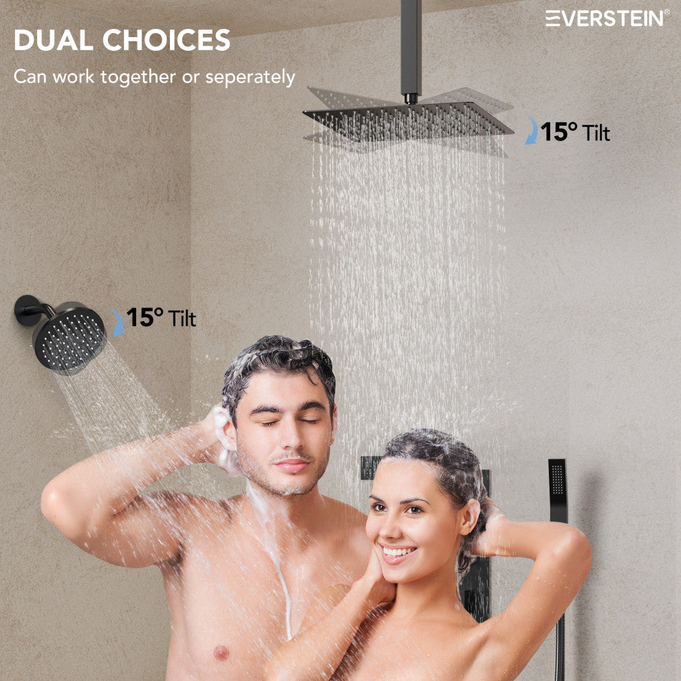 Thermostatic Dual Heads 12" Rainfall Shower System With 3 Body Jets, Matte Black