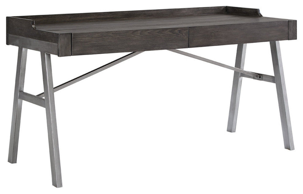 Two Drawers Wooden Top Desk with Angled Metal Base, Gray and Black