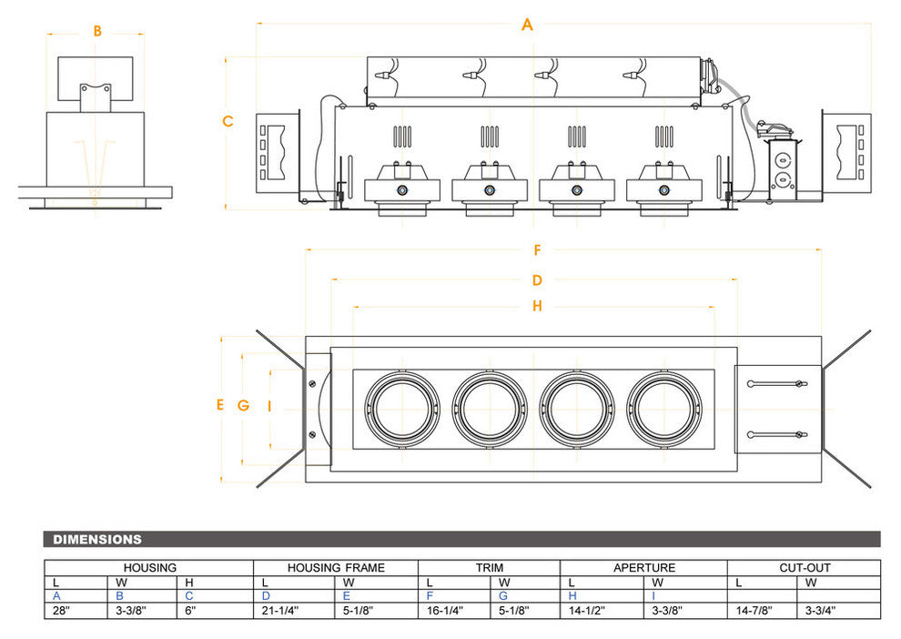 4-Light Linear New Construction, Silver Trim, Silver Gimbal, Black