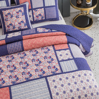 Patchwork Floral Cherry Blossom Plum Purple & Peach Quilted Bedspread Set, Full