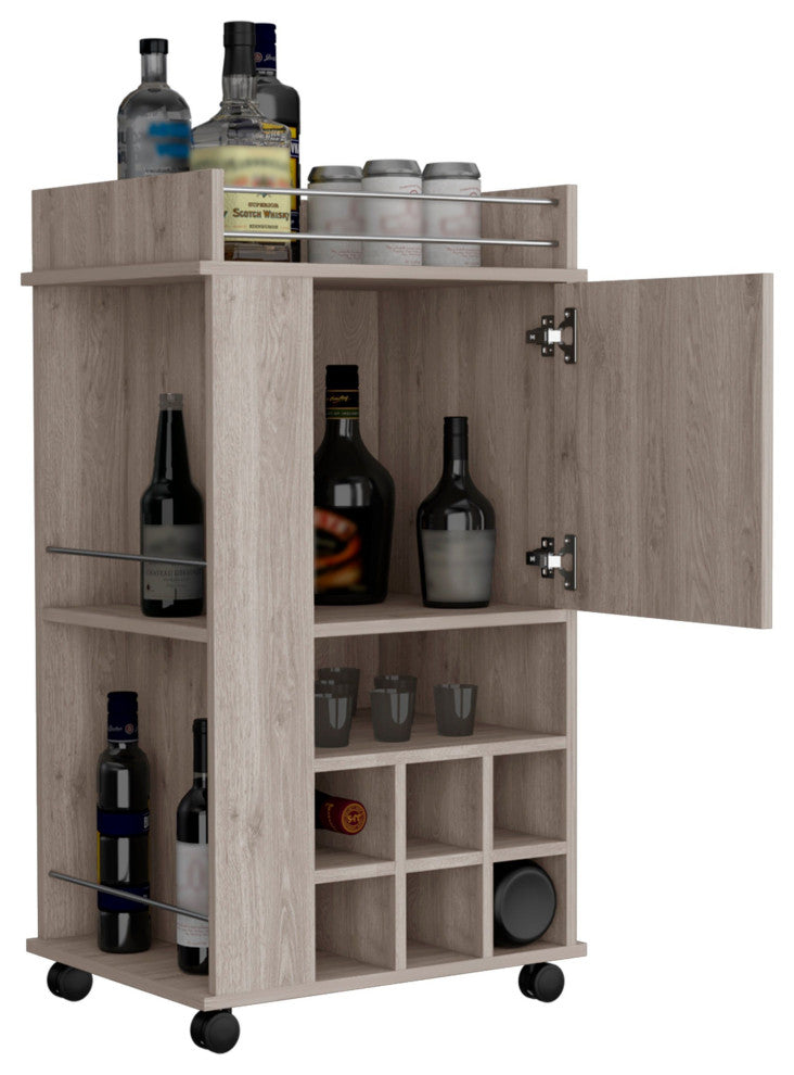 Farson Bar Cart with 6 Built-in Wine Racks, Cabinet, Caster Wheels, Light Gray