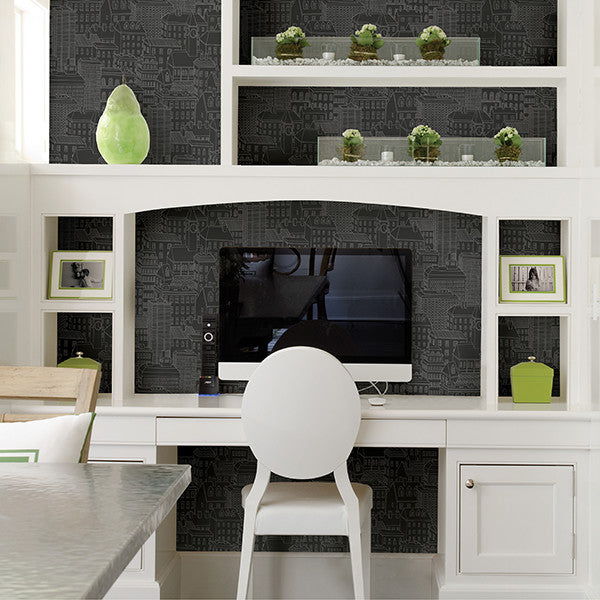 Illustrated Cityscape Wallpaper, Black & Gray, Bolt