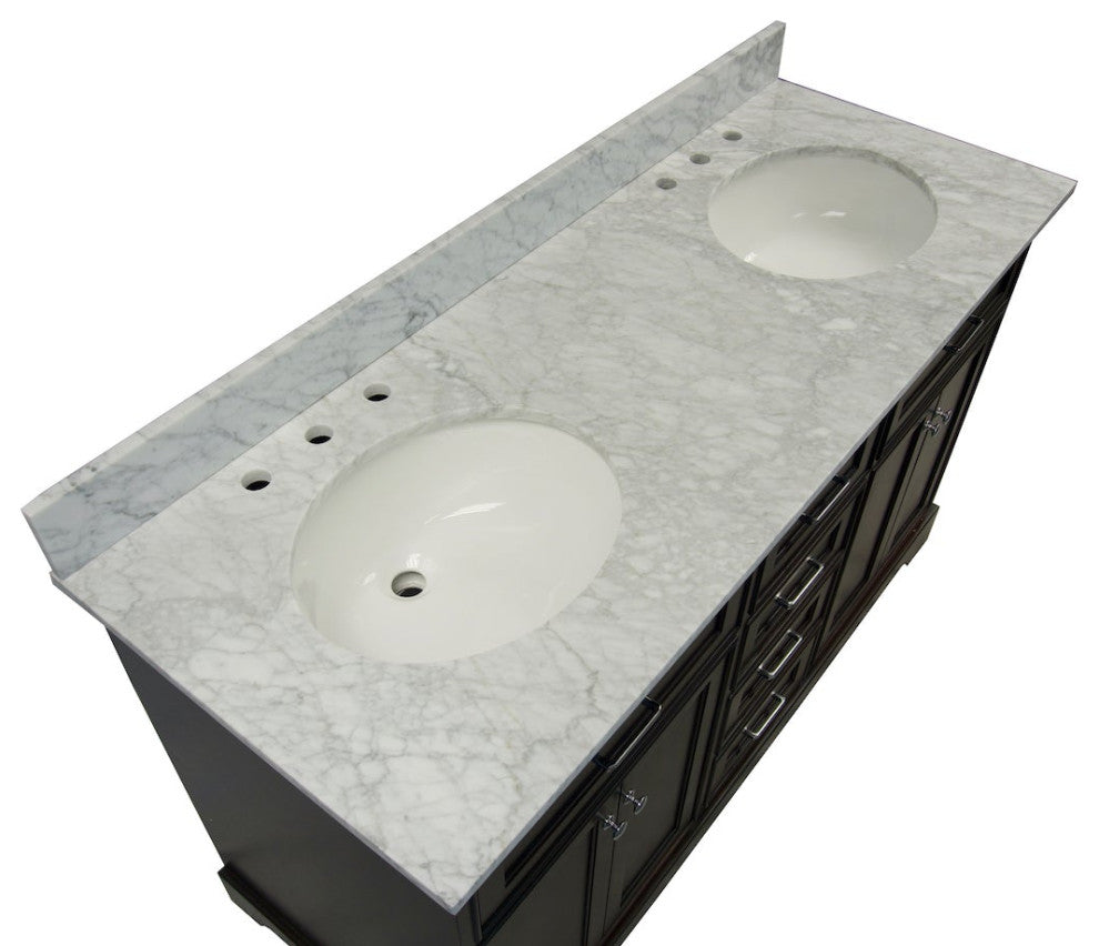 Aria 60" Bathroom Vanity, Chocolate, Carrara Marble, Double Vanity